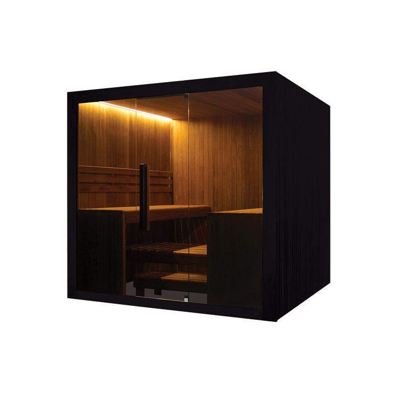 Hekla Traditional Sauna 220x210 cm Indoor Farbe Nero Seitenansicht mit Panorama-Glasfront