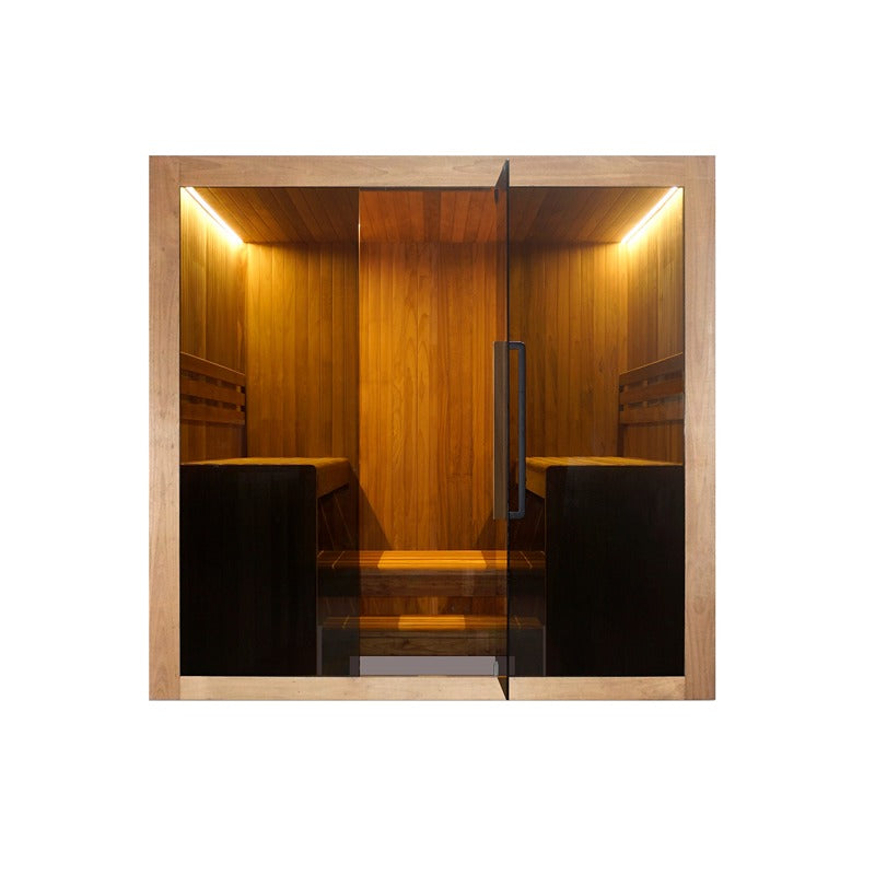 Hekla Traditional Sauna 220x210 cm Indoor Farbe Scandi Frontalansicht mit geöffneter Glasfront