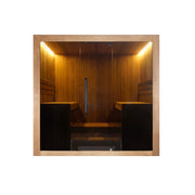 Hekla Traditional Sauna 220x210 cm Indoor Farbe Scandi Frontalansicht mit geschlossener Glastür