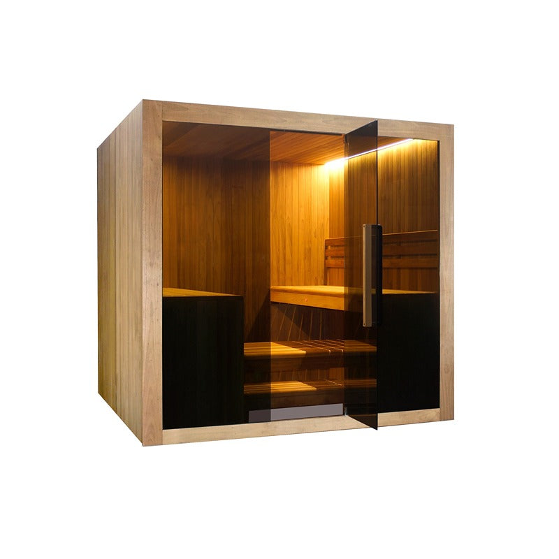 Hekla Traditional Sauna 220x210 cm Indoor Farbe Scandi Seitenansicht mit geöffneter Glastür