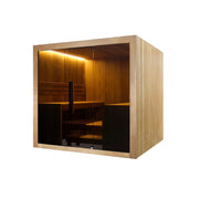 Hekla Traditional Sauna 220x210 cm Indoor Farbe Scandi Seitenansicht mit LED-Beleuchtung und geschlossener Tür