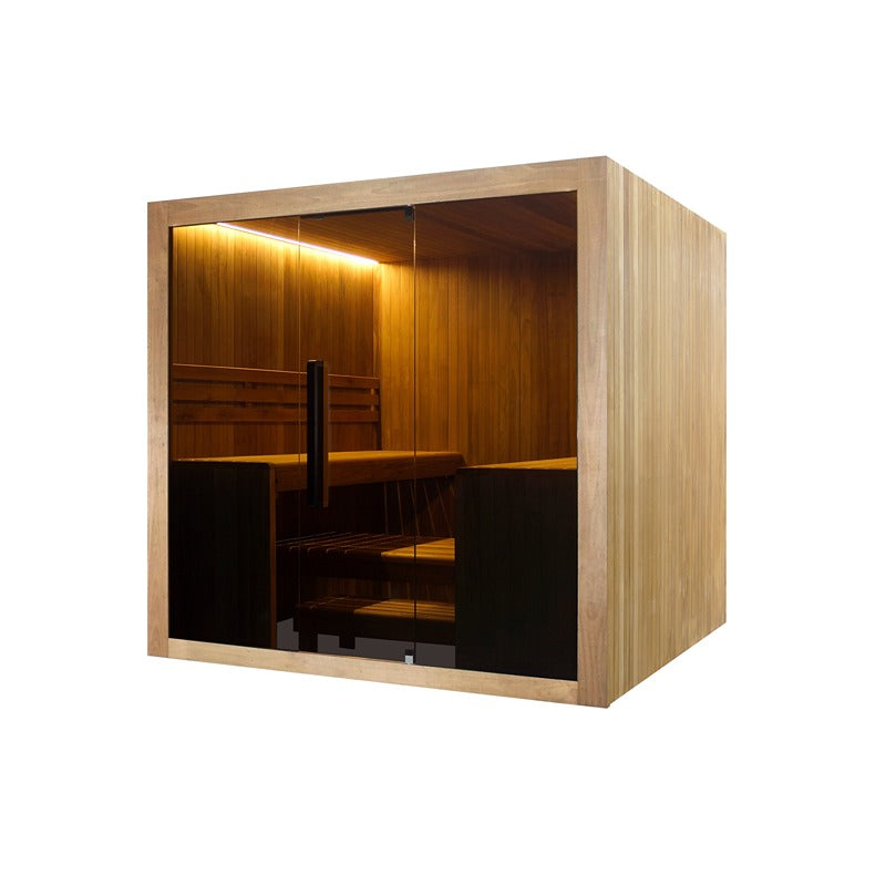 Hekla Traditional Sauna 220x210 cm Indoor Farbe Scandi Seitenansicht mit LED-Beleuchtung und geschlossener Tür