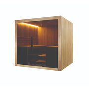 Hekla Traditional Sauna 220x210 cm Indoor Farbe Scandi Seitenansicht mit geschlossener Glasfront