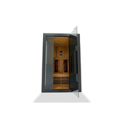 Offene Infrarotkabine mit Blick ins Innere auf die Keramikstrahler und Sitzbank aus Holz