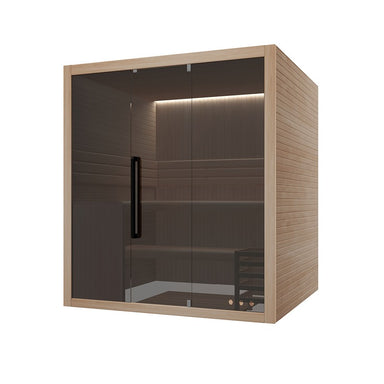 Hekla Traditional 210 Innensauna mit großzügiger Glasfront, Holzbänken und indirekter LED-Beleuchtung – hochwertige Design-Innensauna