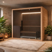 Moderne Hekla-Traditional-210X Innensauna aus Holz in einem stilvollen Wellnessraum mit Pflanzen und warmem Licht