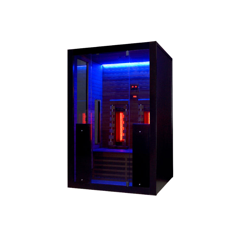 Infrarotkabine mit schwarzem Rahmen, blauer LED-Beleuchtung oben und roten Infrarotstrahler-Elementen im Inneren, modernes Wellness-Design