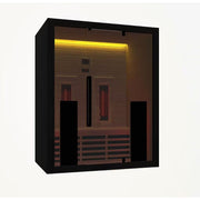 Hekla IR 160 Infrarotsauna mit schwarzem Rahmen, Holzinnenwänden, roten Infrarotheizelementen und gelber LED-Deckenbeleuchtung für 2 Personen