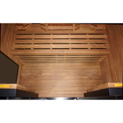 Innenansicht der Hekla IR 160 Infrarotsauna mit Holzausstattung, Sitzfläche und Infrarotstrahler-Panels an der Decke
