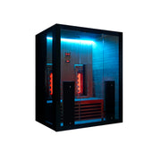Hekla IR 160 Infrarotsauna in Schwarz mit blauer LED-Beleuchtung oben, roten Infrarotstrahlern an den Seiten und Glastür, für 2 Personen