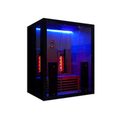 Hekla IR 160 Infrarotsauna mit schwarzem Rahmen, blauer LED-Beleuchtung oben und an den Seiten, rote Infrarotstrahler innen sichtbar, Glastüren und schwarze Holzliegen für 2 Personen