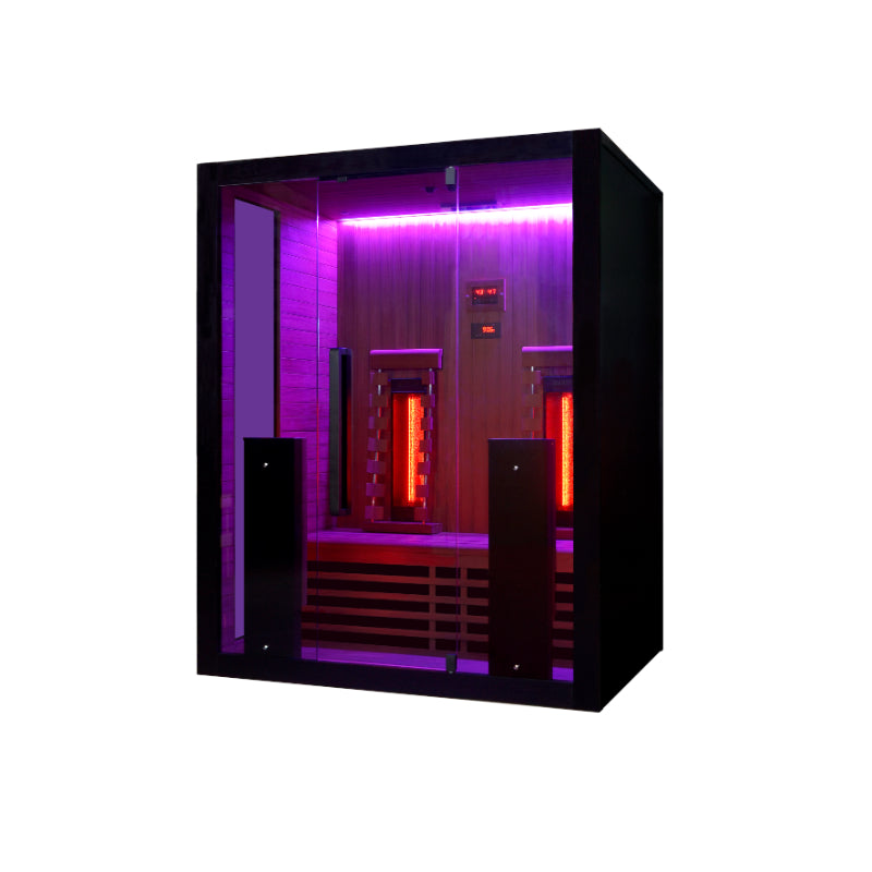 Hekla IR 160 Infrarotsauna mit schwarzem Rahmen, violetter LED-Beleuchtung oben und rot leuchtenden Infrarotheizstäben für zwei Personen
