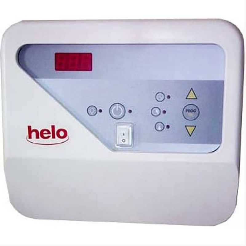 Helo Saunasteuerung OT 2 PLE mit weißem Gehäuse, digitales Display und Bedienelemente für Temperatur- und Zeiteinstellung