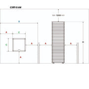 Maßzeichnung des Huum Cliff 6 kW Saunaofens mit technischen Abmessungen und Installationsschema für Standaufstellung