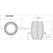 Maßzeichnung Huum Hive 18 kW Saunaöfen mit technischen Abmessungen, Draufsicht des runden Heizelementes und Seitenansicht des zylindrischen Ofenkorbs