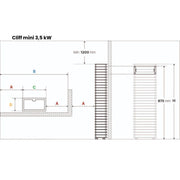 Maßzeichnung Huum Cliff mini 3,5 kW Saunaofen mit Installationsmaßen, Höhe 875 mm und Mindestabstand 1200 mm zur Wand
