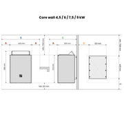 Montage- und Sicherheitsabstände des HUUM Core Wall elektrischen Saunaofens 4,5–9 kW mit Maßangaben und Wandabständen