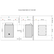 Montage- und Sicherheitsabstände des HUUM Core Wall Mini elektrischen Saunaofens 3–3,6 kW mit Maßangaben