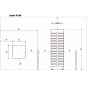 Technische Seitenansicht des Huum Steel 9 kW Saunaofens mit Maßzeichnung und Anschlussschema