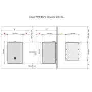 Montage- und Sicherheitsabstände des HUUM Core Wall Mini Combi elektrischen Saunaofens 3,6 kW mit Maßangaben