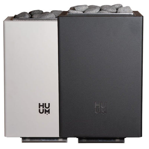 HUUM Core Wall Mini Combi elektrischer Saunaofen 3,6 kW in Schwarz und Weiß nebeneinander mit Sauna-Steinen
