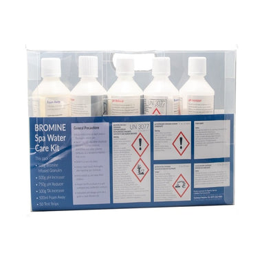 InSpire Premium Bromine Spa Water Care Kit – Rückseite mit Inhaltsübersicht, Dosierhinweisen und Sicherheitssymbolen