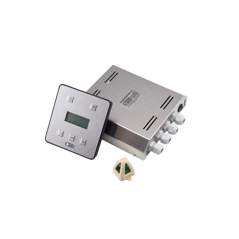Infraworld Saunacontrol C1 Steuerungsset mit Edelstahl-Regelgerät, digitales Display-Panel und cremefarbener Bedieneinheit für Sauna und Infrarotkabine