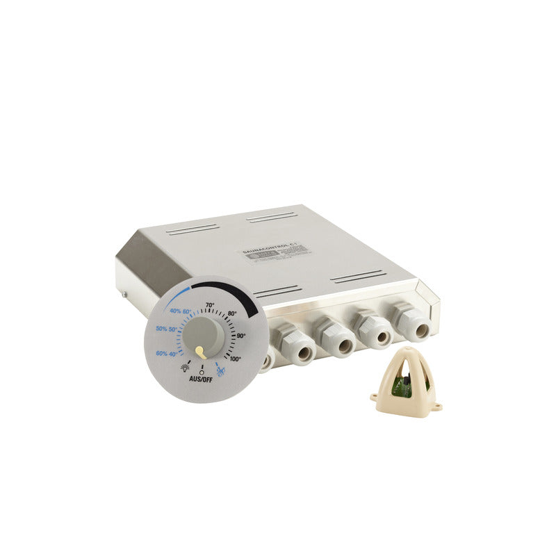 Infraworld Saunacontrol X0 Steuerungsgerät mit analogem Temperaturregler und Anschlussblöcken für Saunaofen und Verdampfer