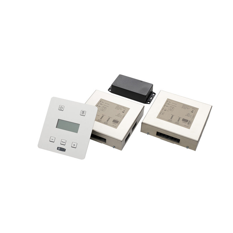 Infraworld Steuerung Triocontrol Quattro mit weißem Wandthermostat, zwei beigefarbenen Steuerboxen und schwarzem Schaltmodul für Infrarotkabinen und Salzverdampfer