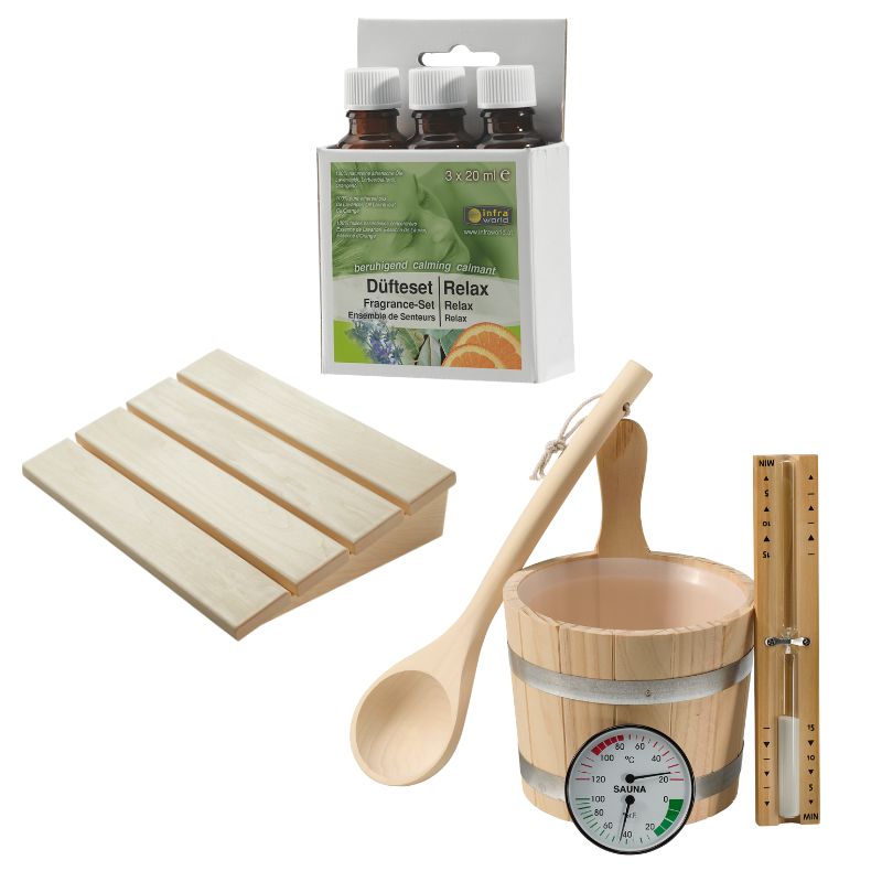 Infraworld Sauna Komfort-Set mit Holzeimer, Kelle, Thermometer, Kopfstütze und Relax-Duftöl-Set