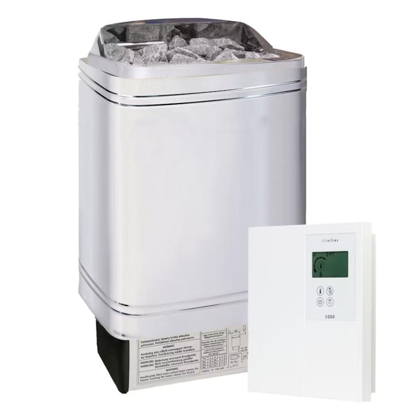 Infraworld Hotline V2 Saunaofen in Weiß mit gefülltem Steintablett und digitaler Steuerungseinheit mit LCD-Display