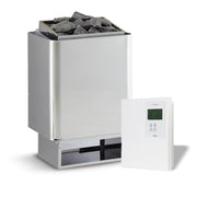 Infraworld Hotline V4 Saunaofen in Weiß mit gefülltem Steineinsatz und separat abgebildetem digitalen Bedienthermostat mit grünem Display.