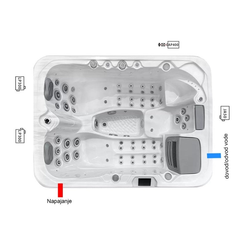 Fuß- und Rückenzonen mit Jet-Massagefunktion im Whirlpool Alpha 821 – modernes Spa-Design mit LED-Ausstattung