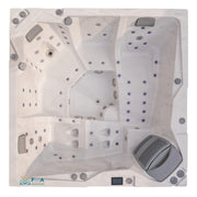 Draufsicht auf JJSpa Alpha 923 Premium Whirlpool mit Düsensystem, Kopfstützen und Steuerungselement, weiße Wanne mit Jetdüsen