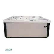 Rechteckiger Whirlpool JJSpa Alpha 923 Premium in Weiß mit schwarzem Rahmen, Seitensicht auf das 5-Personen-Modell mit integrierter Loungeliege und Massage-Jets.