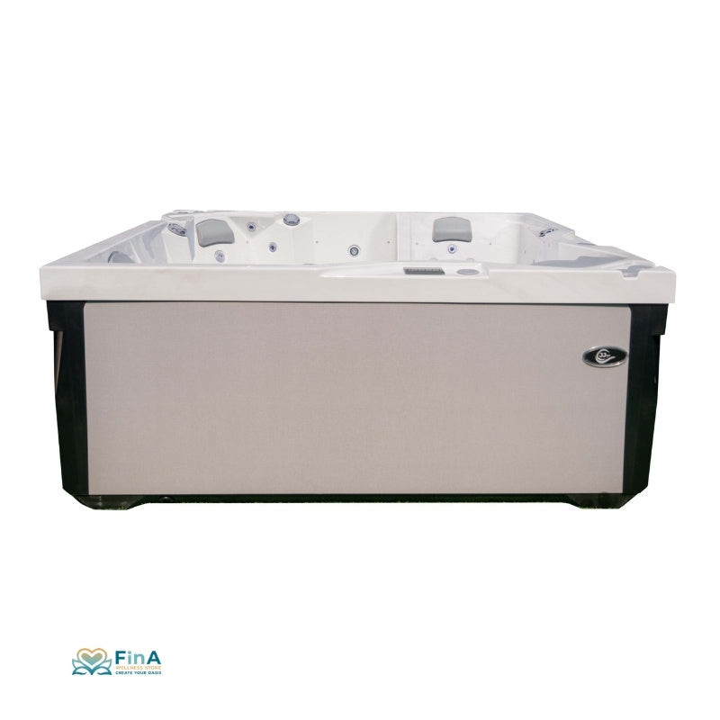 Rechteckiger Whirlpool JJSpa Alpha 923 Premium in Weiß mit schwarzem Rahmen, Seitensicht auf das 5-Personen-Modell mit integrierter Loungeliege und Massage-Jets.