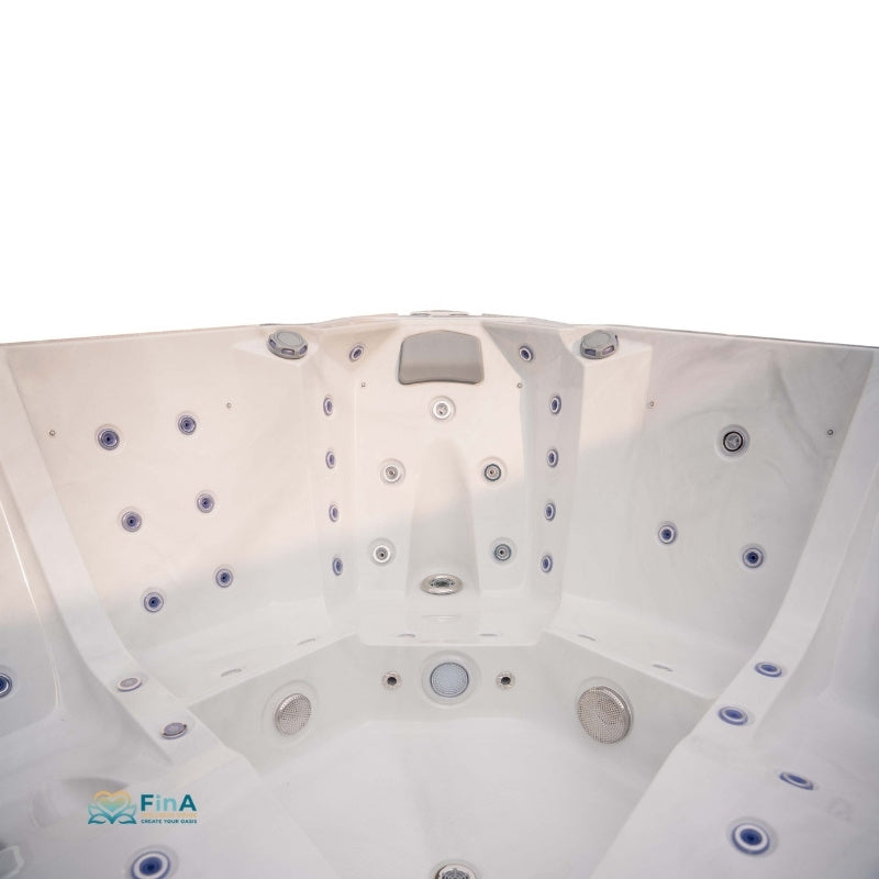 JJSPA Alpha 923 PREMIUM Whirlpool mit Draufsicht auf weiße Wannenform, multiple Massagedüsen, Kopfstütze und Bodensprüher für fünf Personen