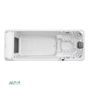 Draufsicht auf Swim Spa JJSPA Alpha 9041 in Weiß mit Massagedüsen, Gegenstromanlage und Filtermaterial sichtbar