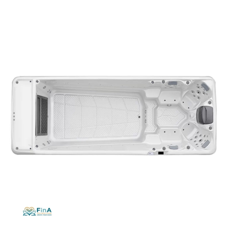 Draufsicht auf Swim Spa JJSPA Alpha 9041 in Weiß mit Massagedüsen, Gegenstromanlage und Filtermaterial sichtbar