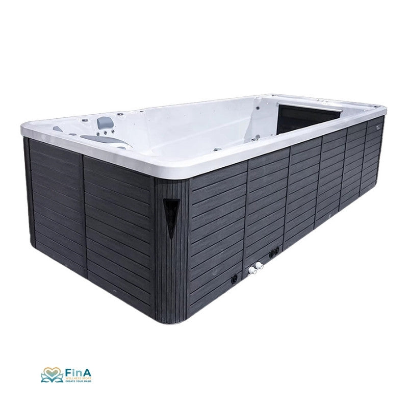 JJSpa Alpha 9041 Swim Spa mit weißem Innenbecken und dunkelgrauem Holzverkleidungsrahmen, Whirlpool für bis zu 5 Personen