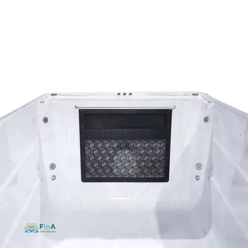 Draufsicht auf weißes Eisbad JJSPA Alpha 9041 mit schwarzem Filtergitter und FinA-Logo an der Seite