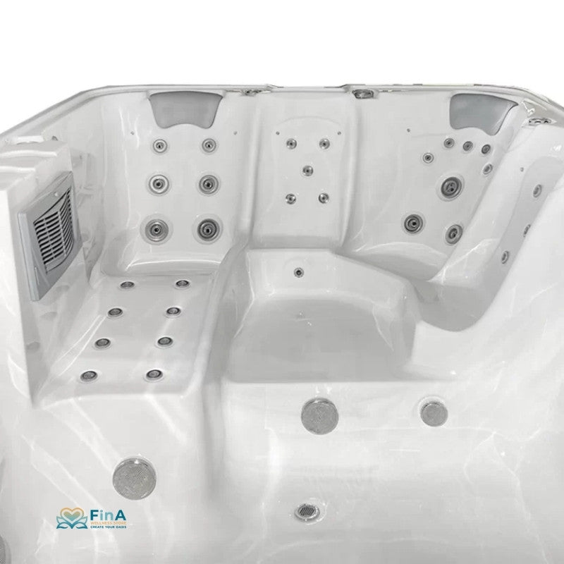 Draufsicht eines weißen JJSpa Beta 6151 Swim Spa mit Düsen, Sitzplätzen für 7 Personen und seitlich angebrachtem Technikmodul