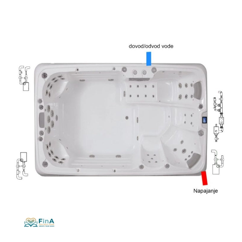 Draufsicht auf JJSpa Beta 6151 Swim Spa mit Kennzeichnung der Zu- und Ablaufanschlüsse sowie Massagendüsen