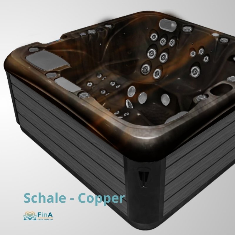 Whirlpool JJSPA Alpha 723 mit dunkelbrauner Kupferschale, schwarzem Kunststoffrahmen und zahlreichen Massagedüsen, Ansicht von oben