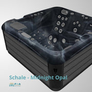 Schwarzer JJSPA Alpha 723 Whirlpool mit Massagedüsen und Sitzbänken, Modell Schale Midnight Opal, für 5 Personen