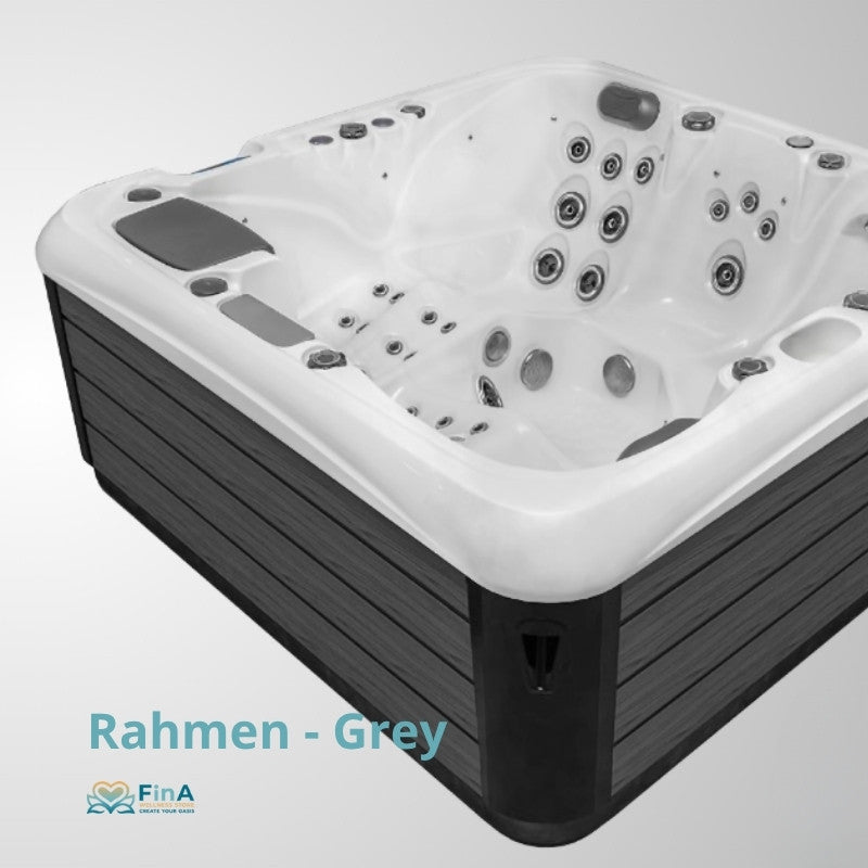 JJSPA Alpha 723 Whirlpool mit grauem Rahmen, weißem Innenbecken und zahlreichen Massagedüsen, Ansicht von oben rechts