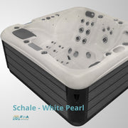 JJSpa Alpha 723 Whirlpool in Weiß-Perlmutt mit schwarzem Rahmen, Draufsicht auf die Massagedüsen und Sitzbereiche