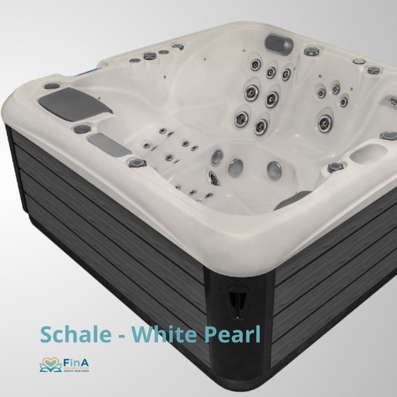 JJSpa Alpha 723 Whirlpool in Weiß-Perlmutt mit schwarzem Rahmen, Draufsicht auf die Massagedüsen und Sitzbereiche