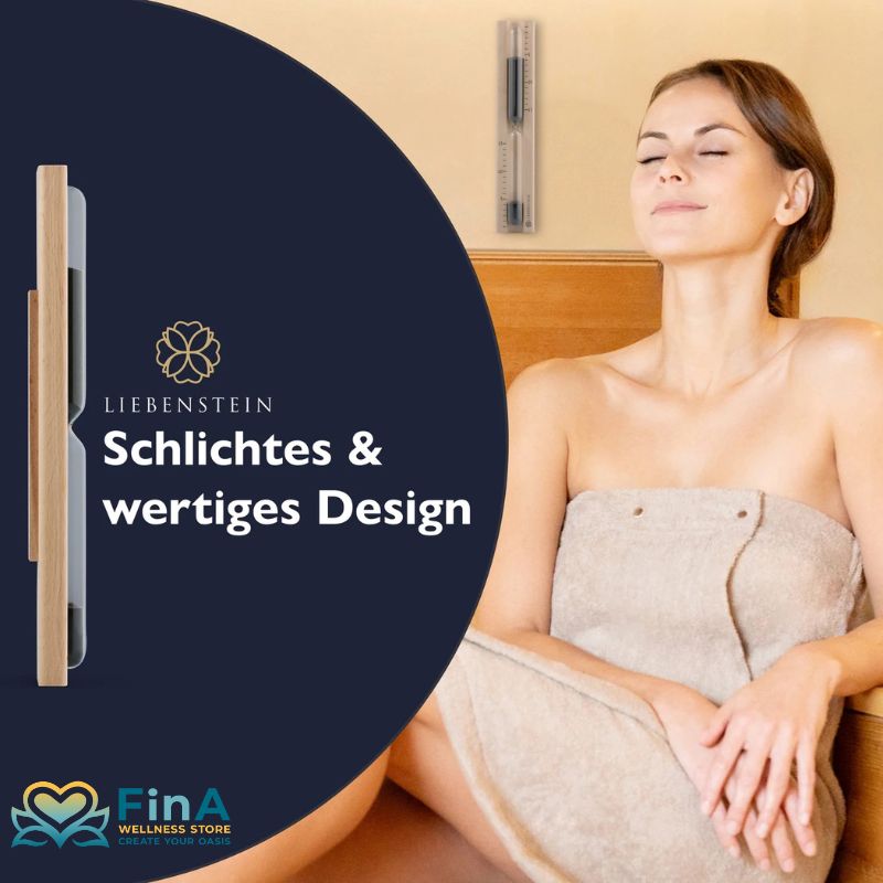 Schlichtes und elegantes Design der Liebenstein Sauna Sanduhr – montiert an der Saunawand, harmonisch in die Umgebung integriert