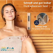 Feinster schwarzer Sand in der Liebenstein Sauna Sanduhr – gut lesbar, ideal für entspannte Sauna-Sessions mit 15 Minuten Messzeit